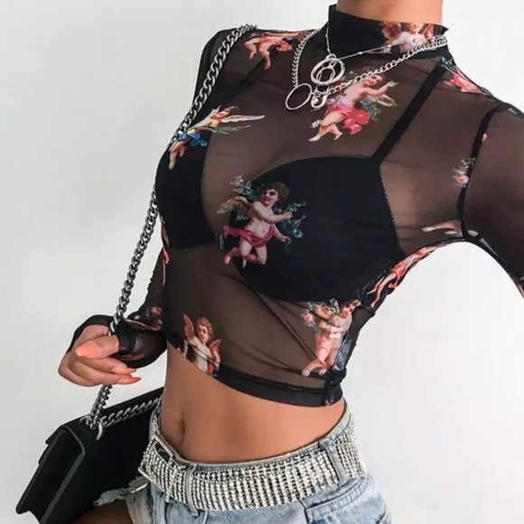 Floral Cherub Long Sleeve Crop Top ~ Brand New - Picture 7 of 10